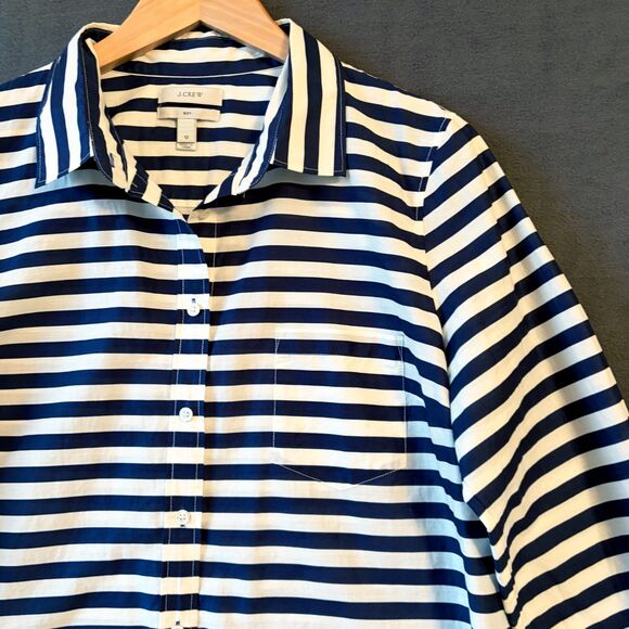 J Crew Navy/White Stripe Button Front Shirt Lightweight Boy Cut- Women's 12 - Picture 1 of 12